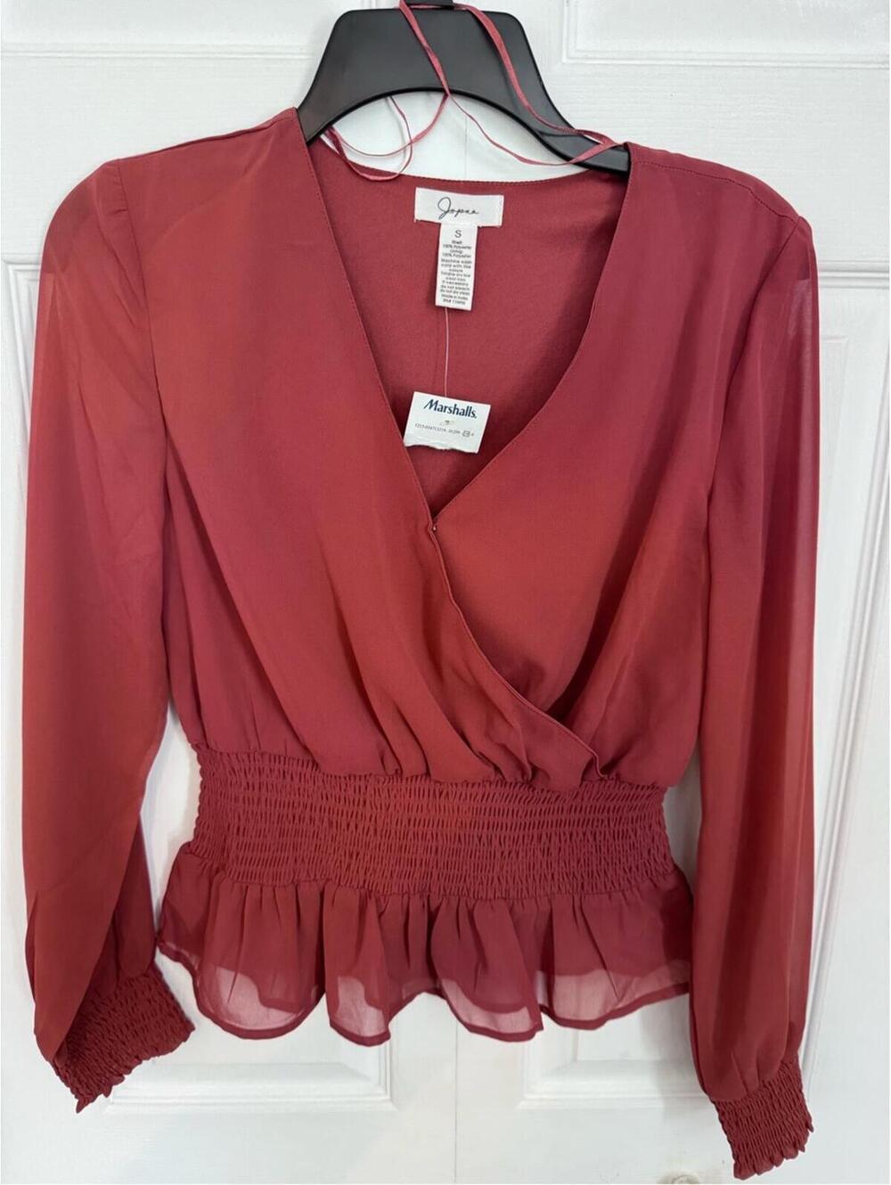 Anna Deep Rust Wrap Blouse with Smocked Waist, NWT